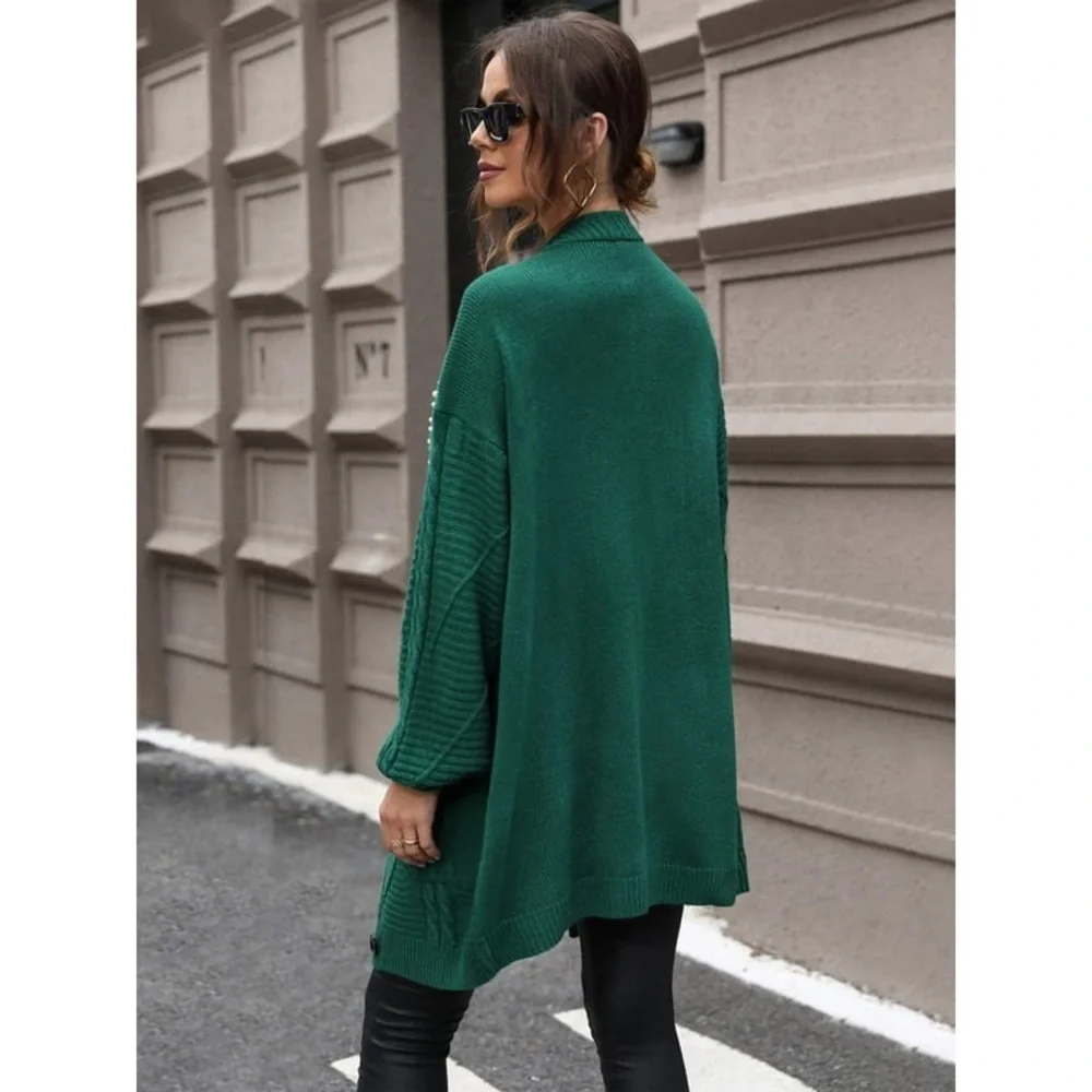 NWT By Egreis Pearl Detail Cable-Knit Button Up Cardigan Forest Green Small